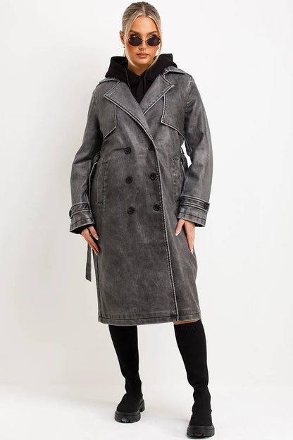 Faux Leather trench Coat With Belt Grey