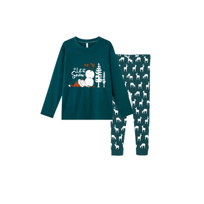 Christmas Family Matching Pajamas-Dark Green&Deer Patterned Pjs Set with Snowman and "Let It Snow" Print