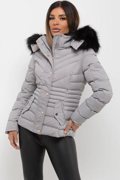 Puffer Coat With Fur Hood Grey