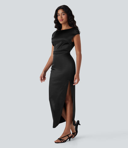 Boat Neck Cap Sleeve Ruched Satin Dress