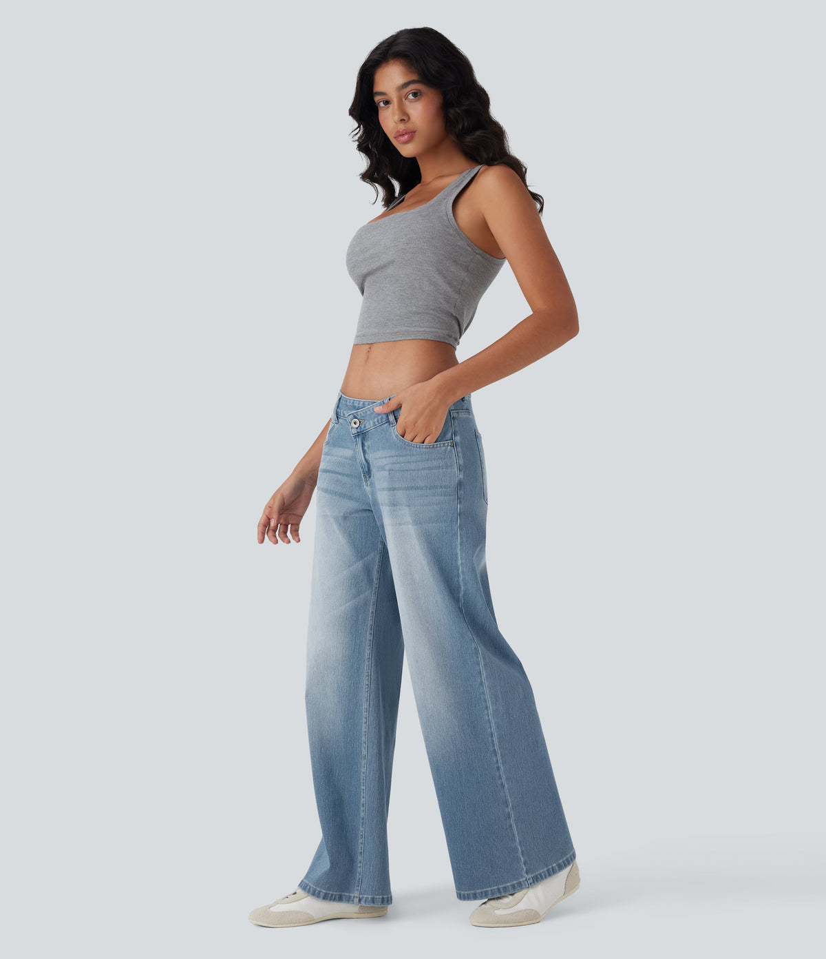 FlexTM Asymmetric Low Rise Zipper Pockets Baggy Wide Leg Washed Casual Jeans