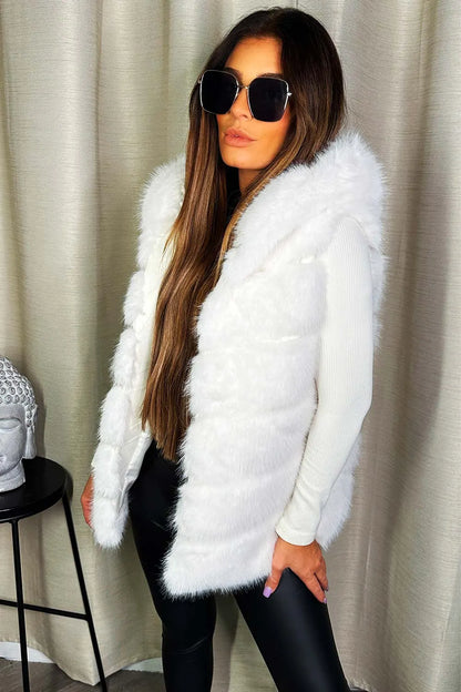 Faux Fur Hooded Gilet White