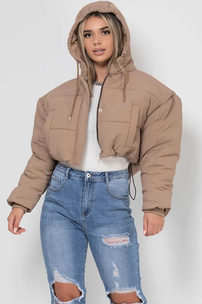 Crop Puffer Jacket With Hood Beige