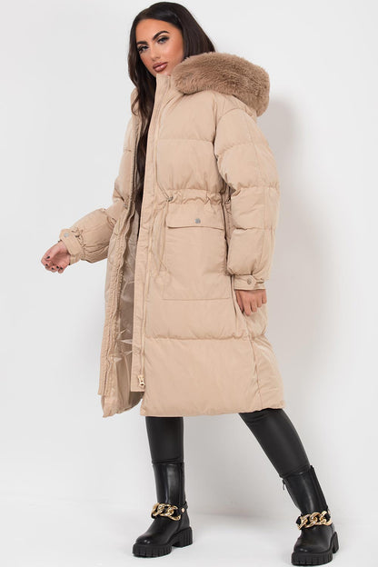 Long Puffer Coat With Faux Fur Hood And Drawstring Waist Beige