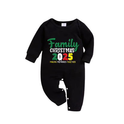 Christmas Family Matching Pajamas-Black Top and Green Plaid Pants Pjs Set with "Family Christmas 2025" Slogan Print