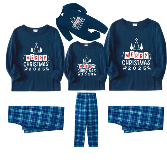 Christmas Family Matching Pajamas-Navy & Sky Blue Plaid Pjs Set with "Merry Christmas 2025" Print