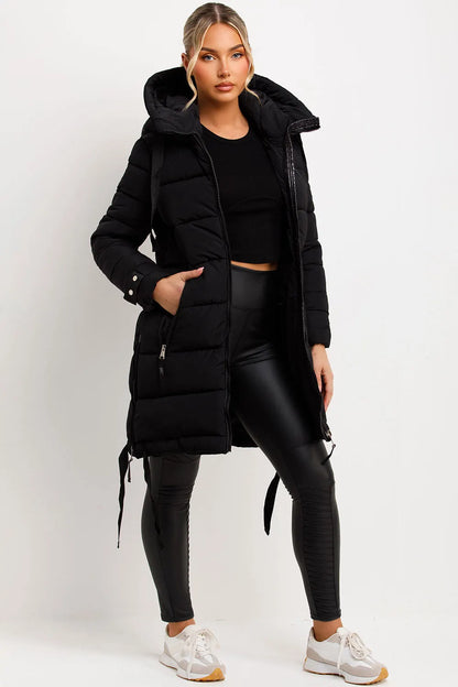 Long Puffer Coat With Hood And Side Straps Black