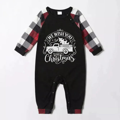 Christmas Family Matching Pajamas-Red and Gray Plaid Pjs set with "We Wish You A Merry Christmas" Artistic Font Slogan Print