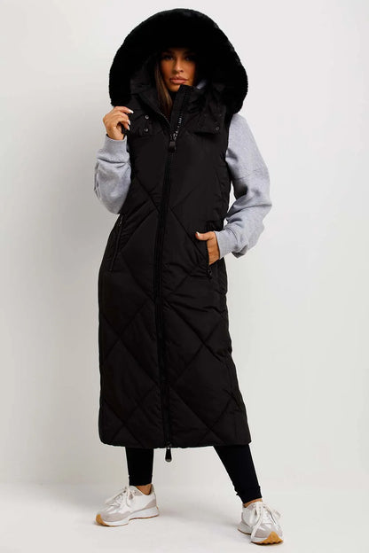 Black Long Puffer Gilet With Fur Hood