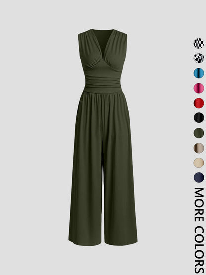Women's Ruched Deep V Neck Wide Leg Jumpsuit