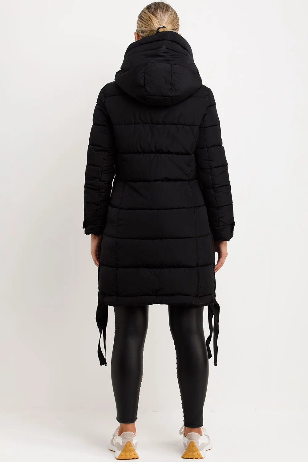 Long Puffer Coat With Hood And Side Straps Black