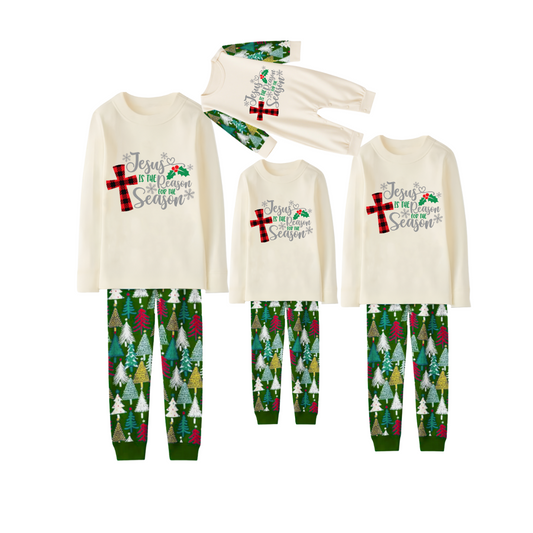 Matching Family Christmas Pajamas  Jesus Is the Reason, Cream & Tree Pattern