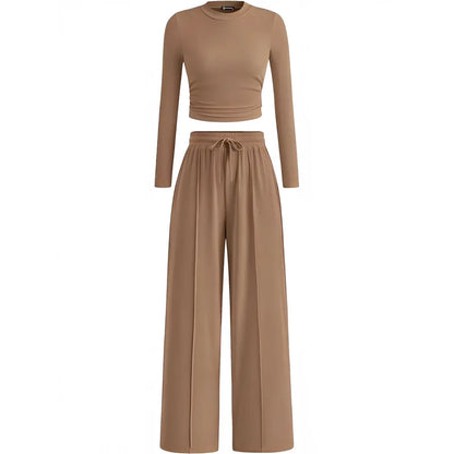 2-Piece Lounge Set – Ribbed Knit Long Sleeve Crop Top & Wide Leg Pants