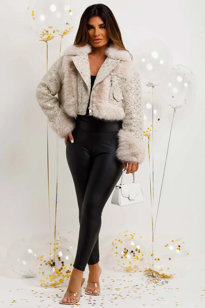 Crop Faux Fur Coat With Sequin Embellishment Beige
