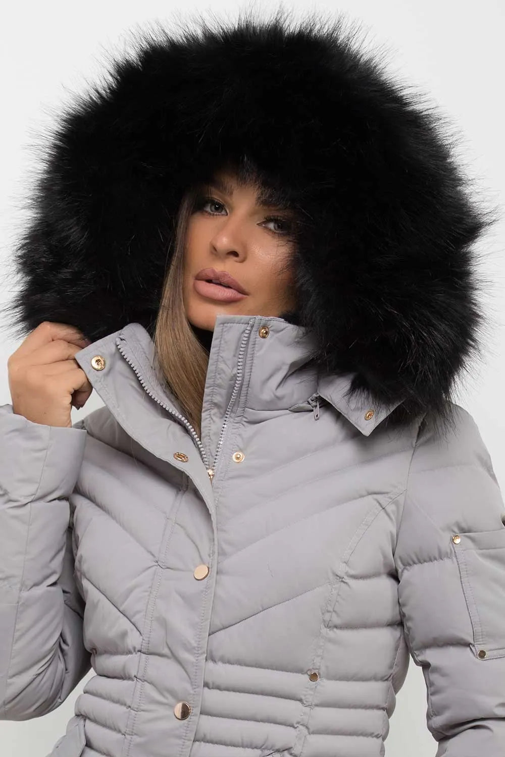 Puffer Coat With Fur Hood Grey