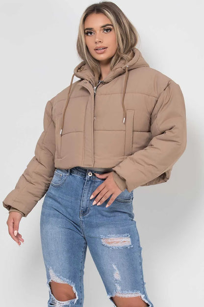 Crop Puffer Jacket With Hood Beige