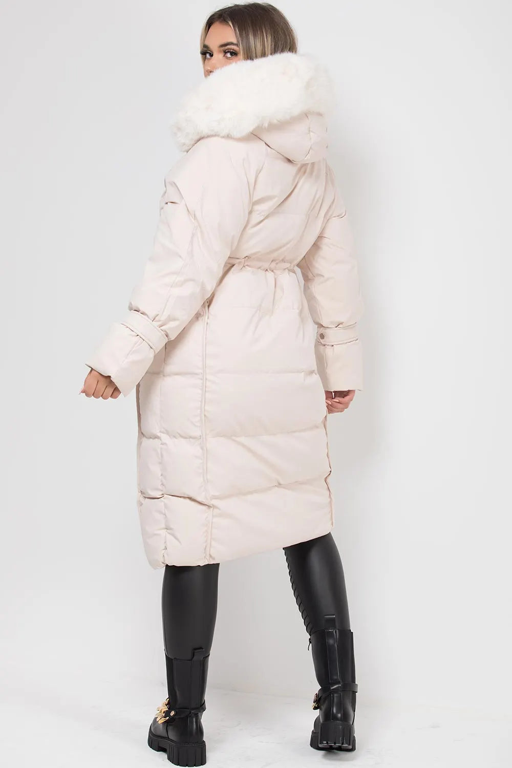 Long Puffer Down Coat With Faux Fur Hood Beige
