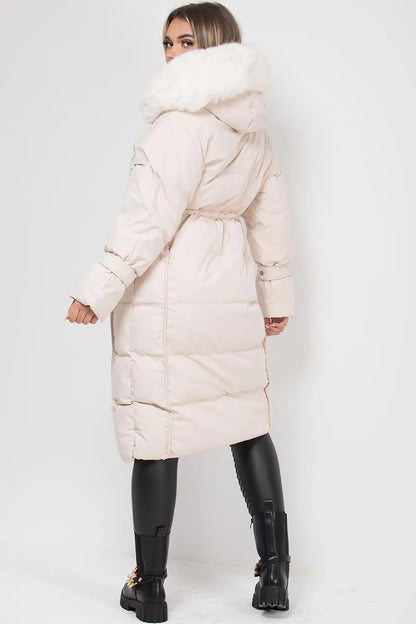 Long Puffer Down Coat With Faux Fur Hood Beige