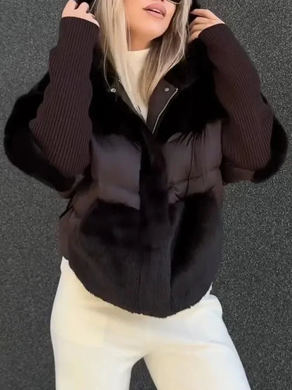 Women Hooded Plush Patchwork Casual Coat