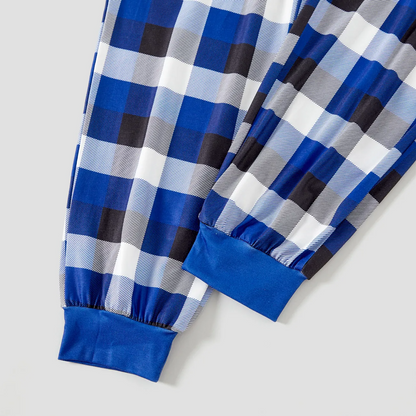 "Family Christmas 2025" Letter Printed Blue Long Sleeves with Blue&White&Black Plaid Pants Family Matching Pajamas