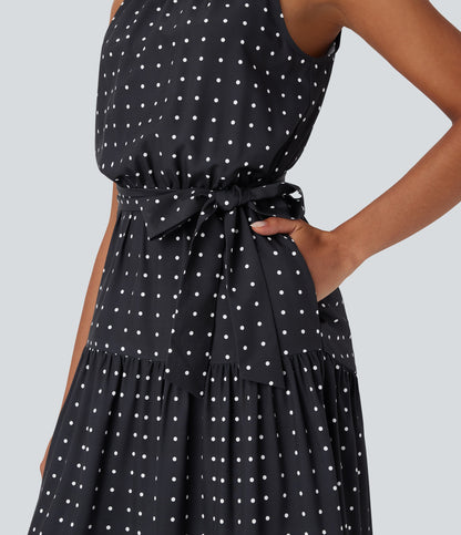 Halter Keyhole Back Belted Polka Dot Flowy Midi Dress with Pockets