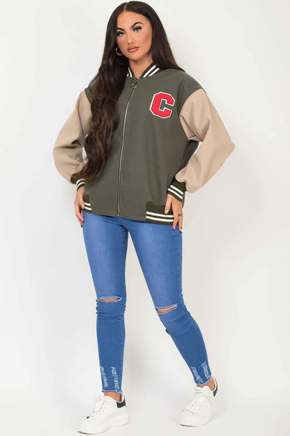 C Slogan Varsity Bomber Jacket Khaki