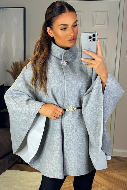 Cape With Belt And Button Grey Poncho