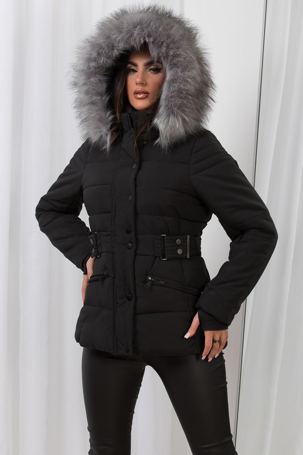 Faux Fur Hood Puffer Jacket With Buckle Belt Black