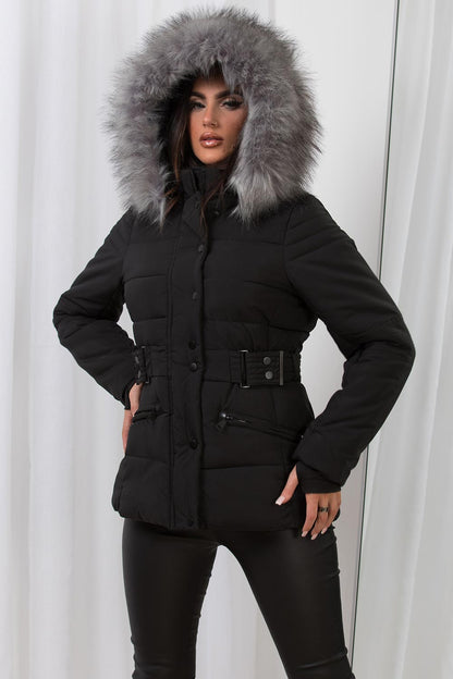 Faux Fur Hood Puffer Jacket With Buckle Belt Black