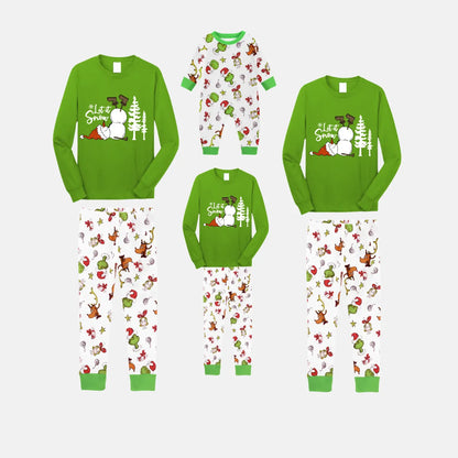 Let It Snow Family Christmas Pajamas - Green Cartoon Print