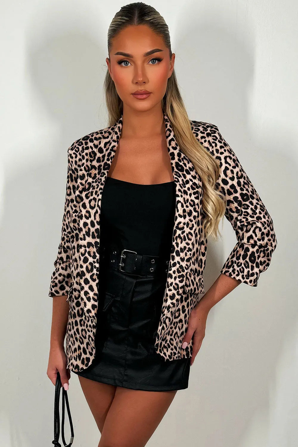 Leopard Print Ruched Sleeve Blazer