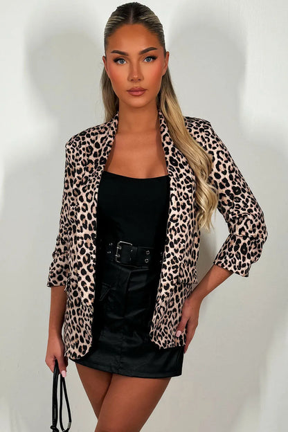 Leopard Print Ruched Sleeve Blazer