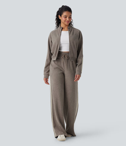 2026🔥 Ribbed SoCinched High Waisted Tummy Control Drawstring Wide Leg Color Block Casual Trousers with Pockets