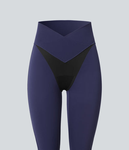 SoftlyZeroTM High Waisted Crossover Contrast Lace Built-in Underwear Yoga Leggings with Pocket-UPF50+
