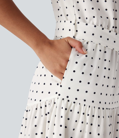 Halter Keyhole Back Belted Polka Dot Flowy Midi Dress with Pockets