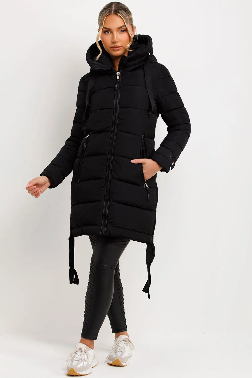 Long Puffer Coat With Hood And Side Straps Black