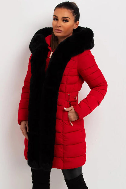 Puffer Padded Coat With Faux Fur Hood Red