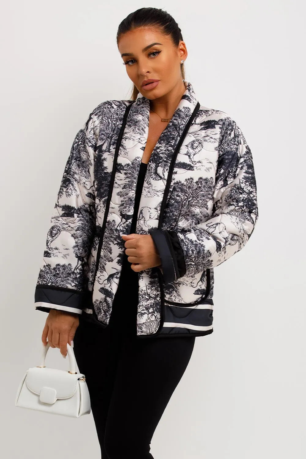 Satin Quilted Blazer Jacket With Jungle Print Black White