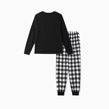 "We are Family 2025 Christmas Make Memories Together" Slogan Print Black Long Sleeve Top with Black And White Plaid Pants Family Matching Pajamas