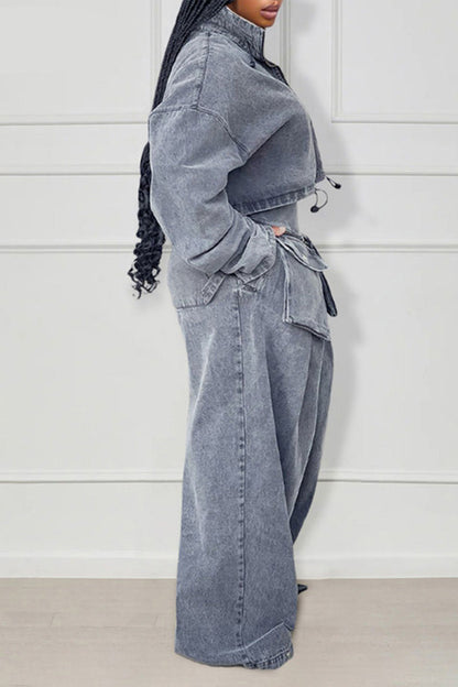Denim Zip Long Sleeve Crop Jacket Pockets Wide Leg Pants Matching Set-Gray