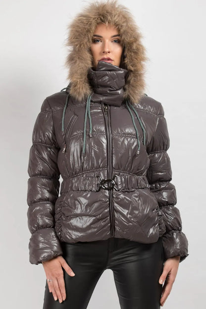 Shiny Puffer Coat With Fur Hood Belted