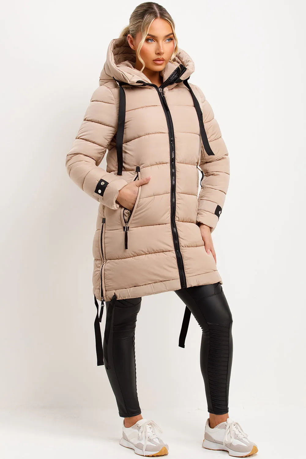 Long Puffer Coat With Hood And Side Straps Beige