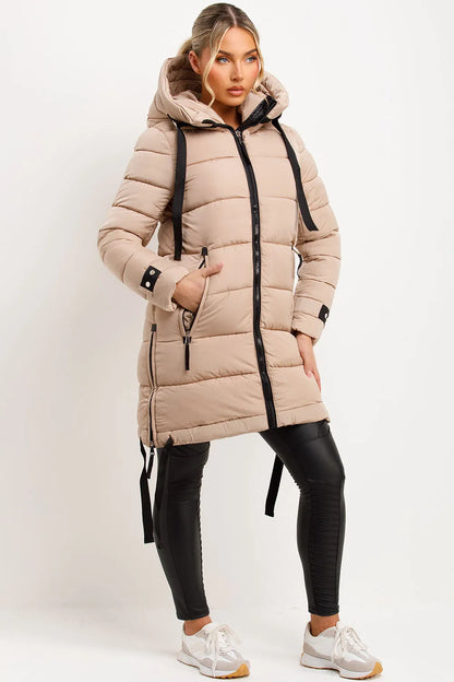 Long Puffer Coat With Hood And Side Straps Beige