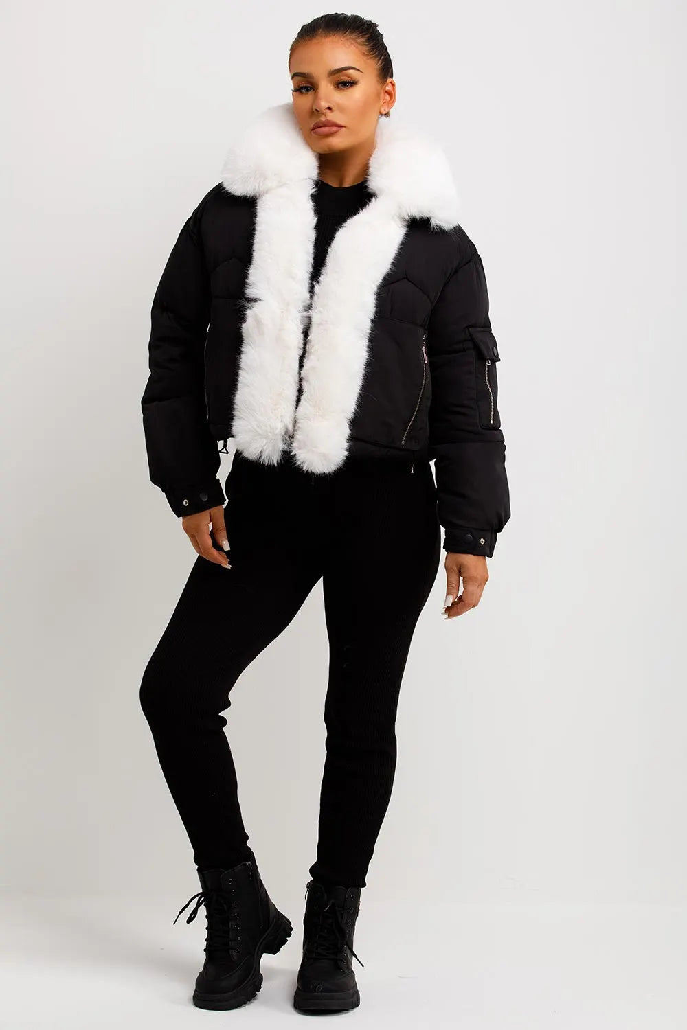 Puffer Jacket With Fur Trim Black