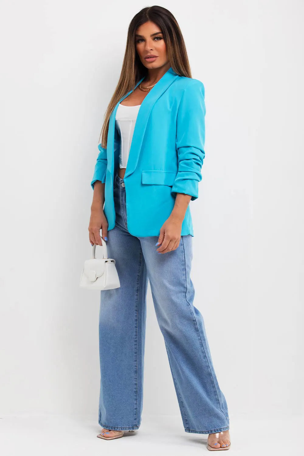Turquoise Ruched Sleeve Blazer