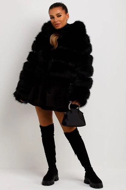 Faux Fur Coat With Hood Black