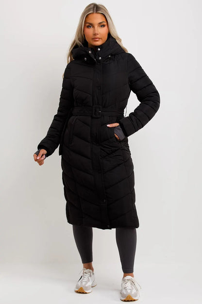 Long Padded Puffer Coat With Belt Black