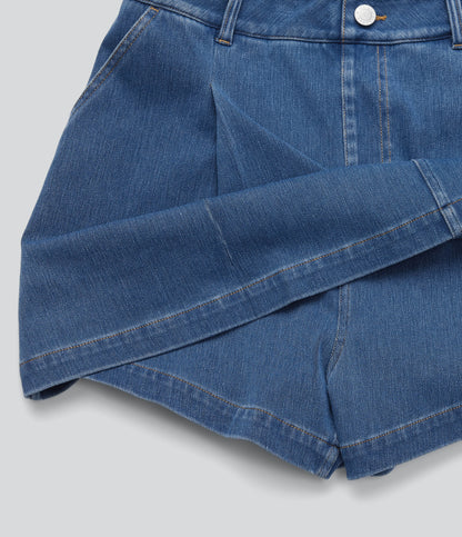 FlexTM High Waisted 2-in-1 Washed Stretchy Knit Denim Casual A-line Skort with Pockets