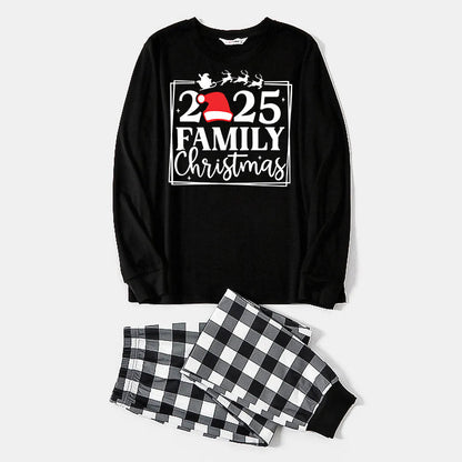 "2025 FAMILY CHRISTMAS" Text and Sleigh Pattern - Black Long Sleeve Top with Black And White Plaid Pants Family Matching Pajamas