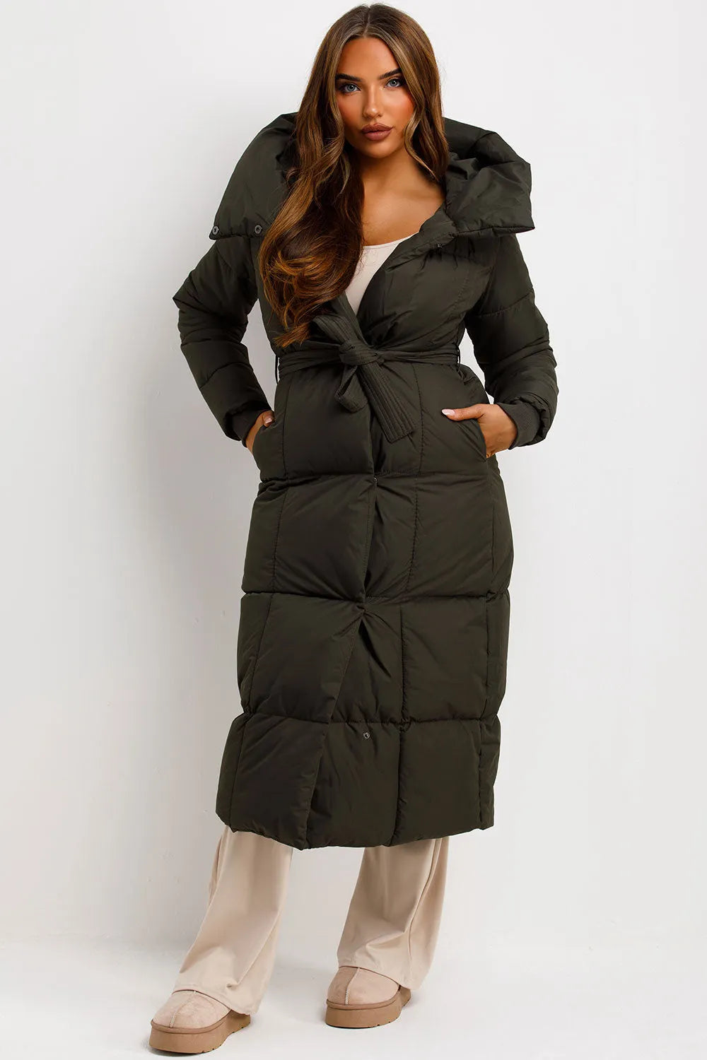 Long Puffer Coat With Hood And Belt Khaki